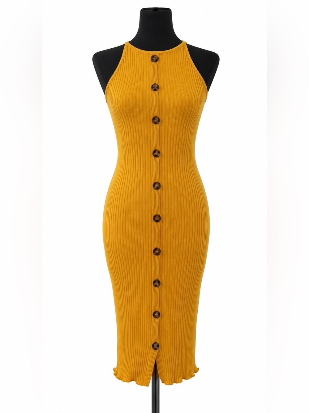 Sleeveless Ribbed Button-Front Midi Dress in Mustard - Picture 1 of 2